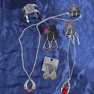 paparazzi Silver Jewelry Set with Red Accents